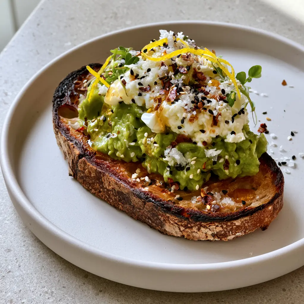Finely grated hard-boiled egg topping a slice of avocado toast with chili flakes and micro-greens.