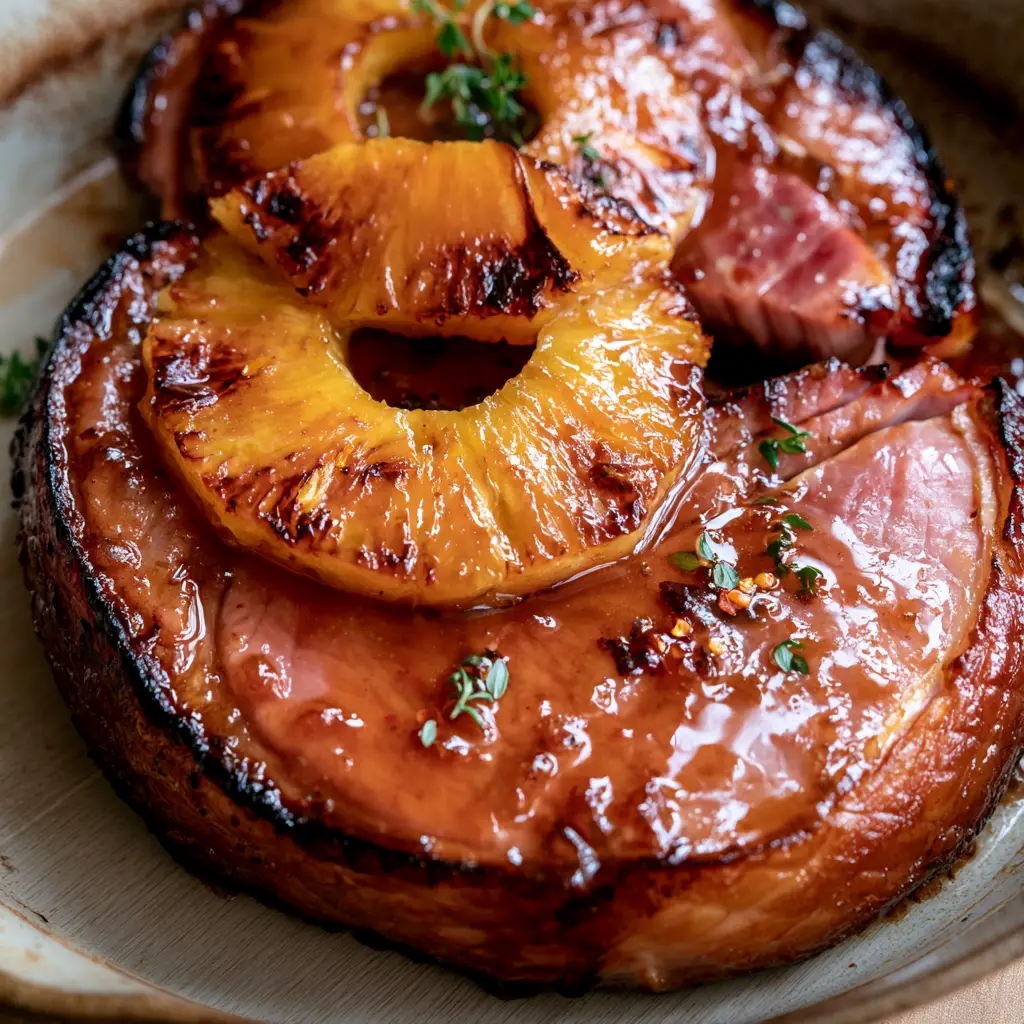 Detailed view of caramelized pineapple rings with charred edges on top of glazed ham steaks, garnished with thyme and red pepper flakes.