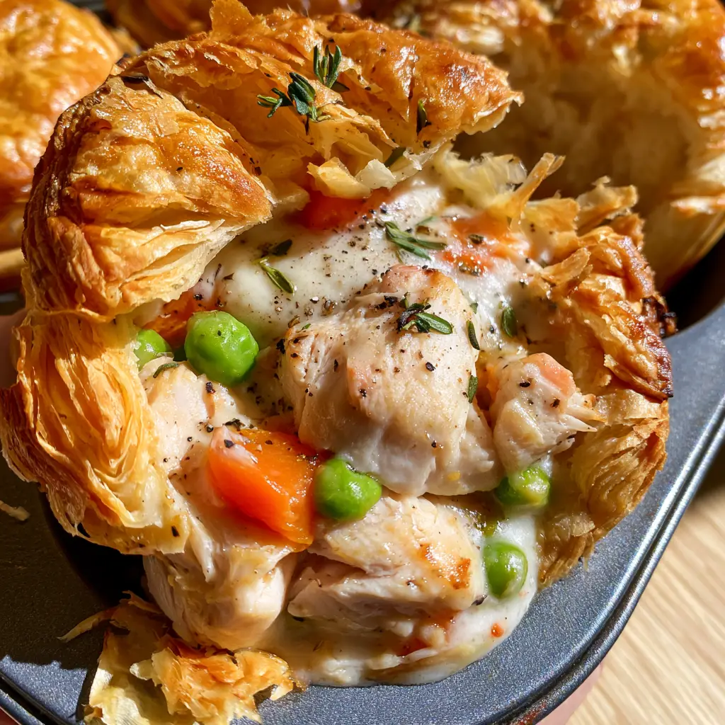 A sliced open turkey pot mini pie revealing thick white cream sauce, orange carrots, and green peas.