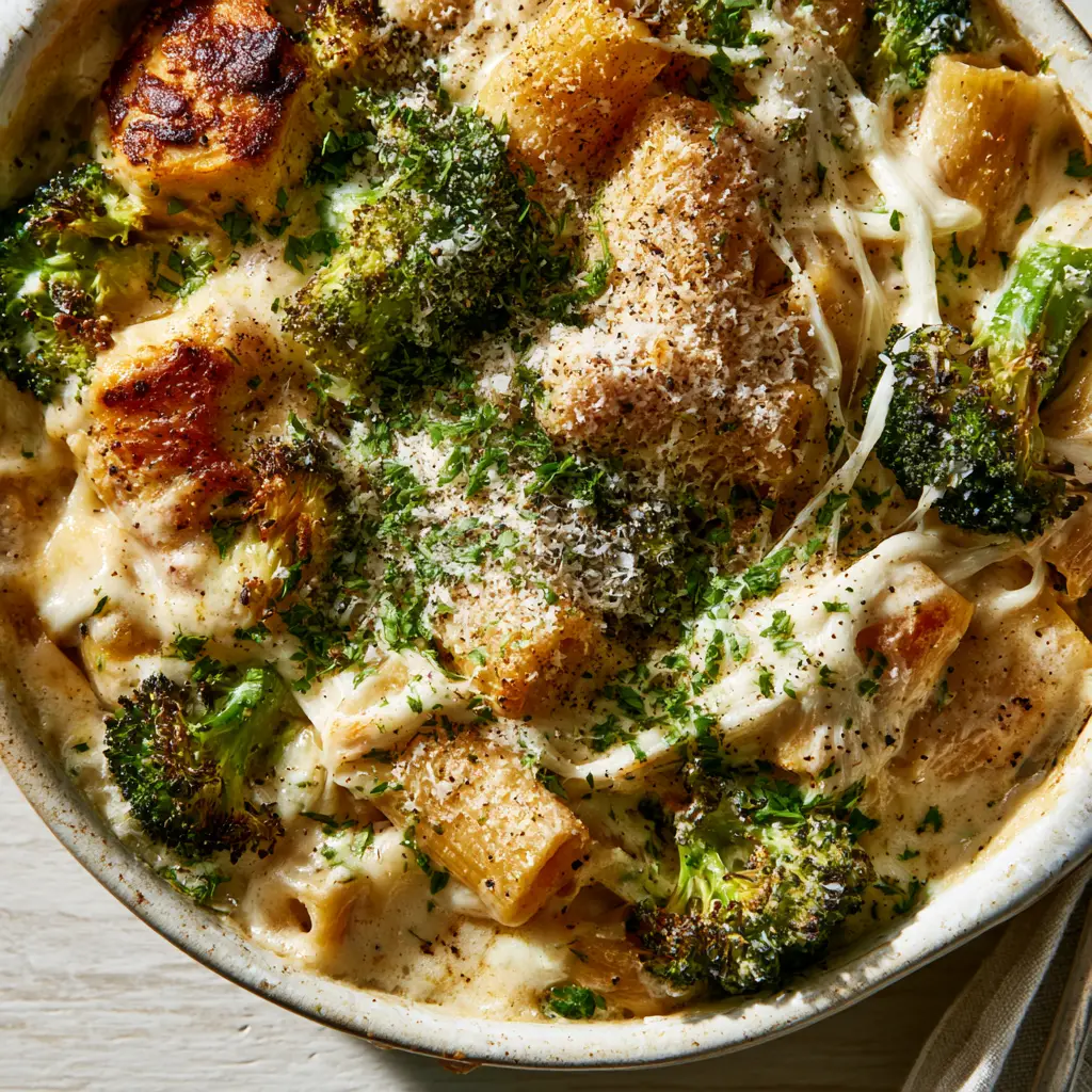 Stretchy mozzarella and cheddar cheese strings over charred broccoli and pasta.