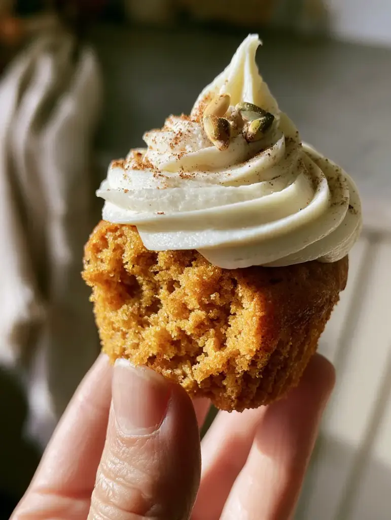 A person holding a pumpkin spice cupcake with a bite taken out, showing the light and airy orange sponge crumb. (pumpkin cupcakes)