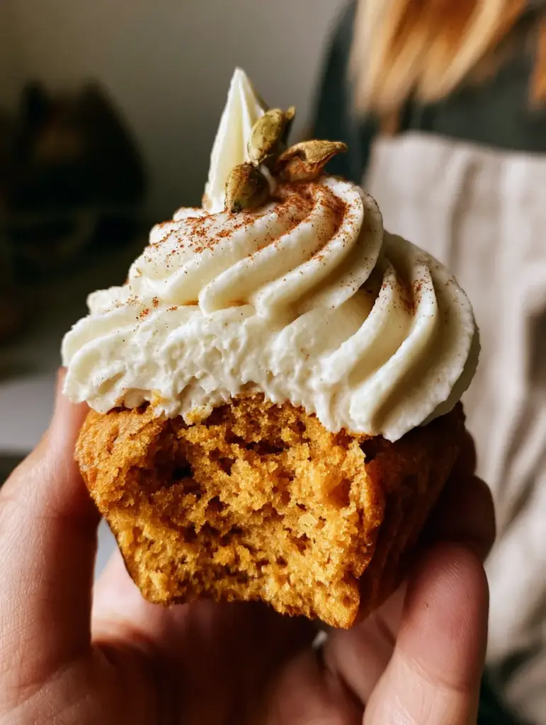 Close up shot of matte cream cheese frosting on pumpkin cupcakes with a dusting of cinnamon in warm golden hour light.