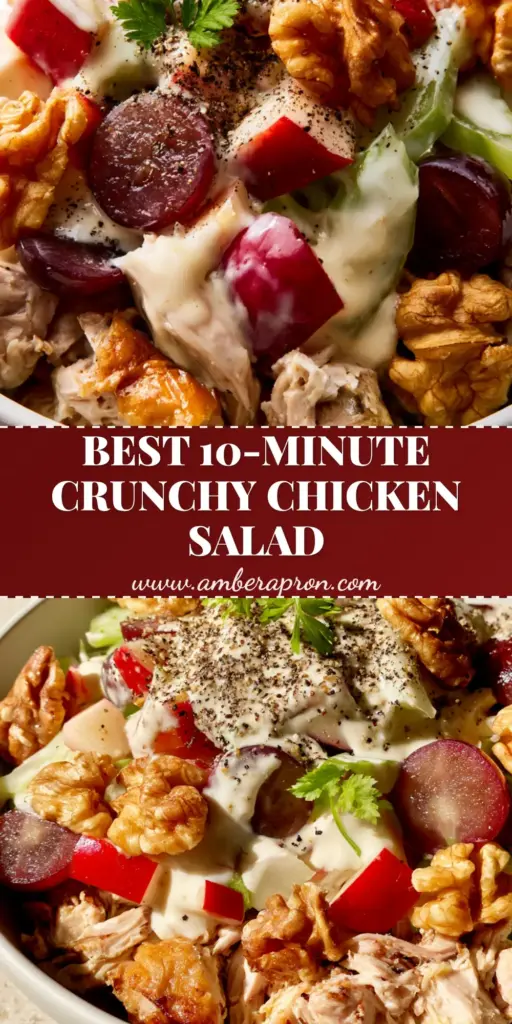 A vibrant Chicken Waldorf Salad in a white bowl featuring hand-shredded chicken, red apples, purple grapes, and toasted walnuts.
