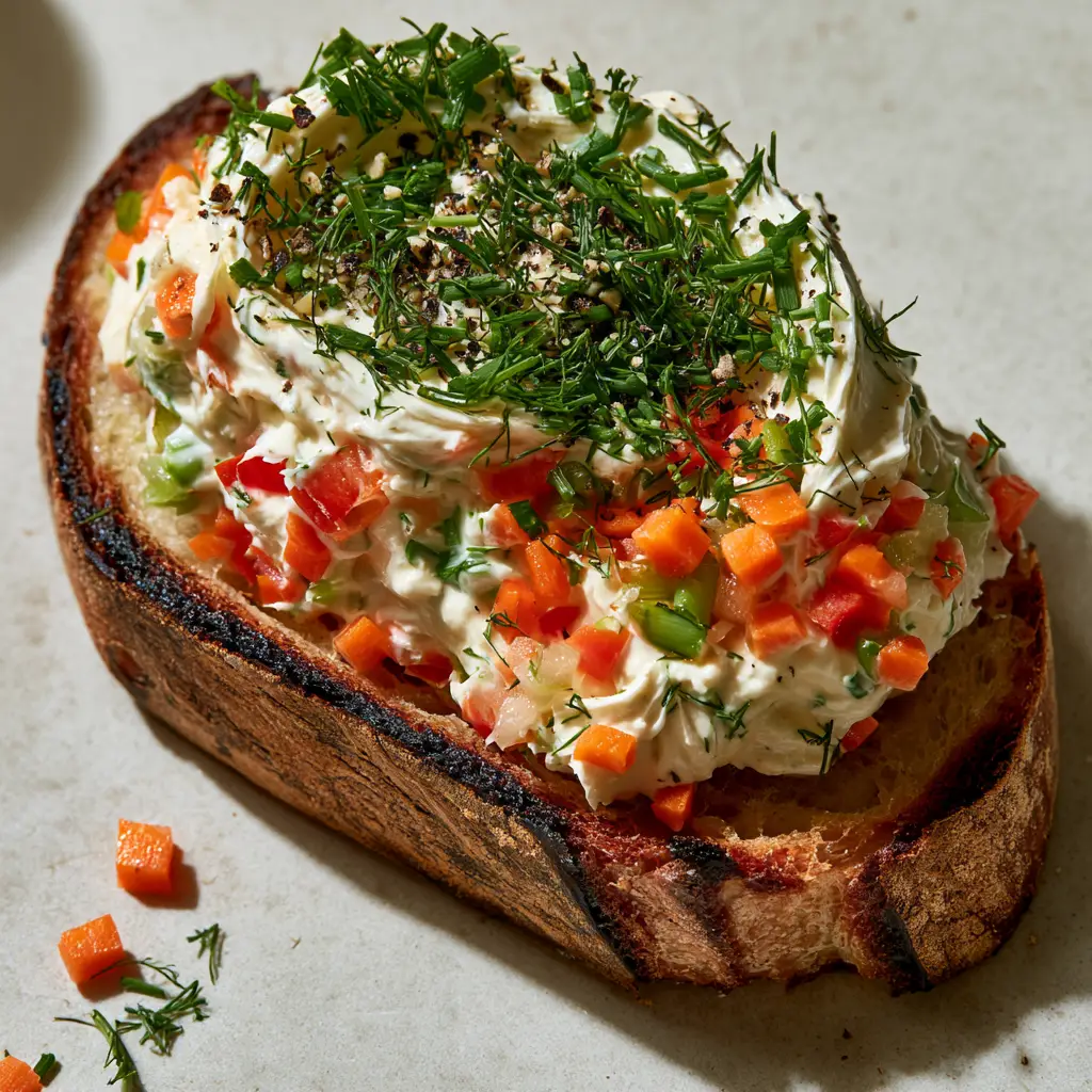 Handheld photo showing the thick, creamy texture of garden vegetable spread on thick sourdough.