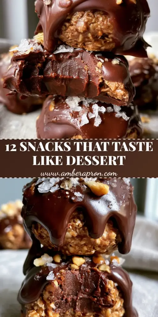 A stack of three no-bake chocolate hazelnut protein bites with glossy chocolate drizzle and sea salt. (healthy snacks recipes)