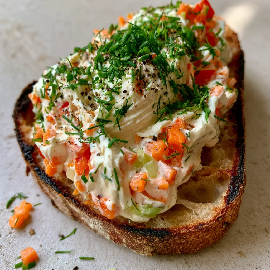 Top-down view of garden vegetable spread garnished with fresh dill, chives, and cracked peppercorns.