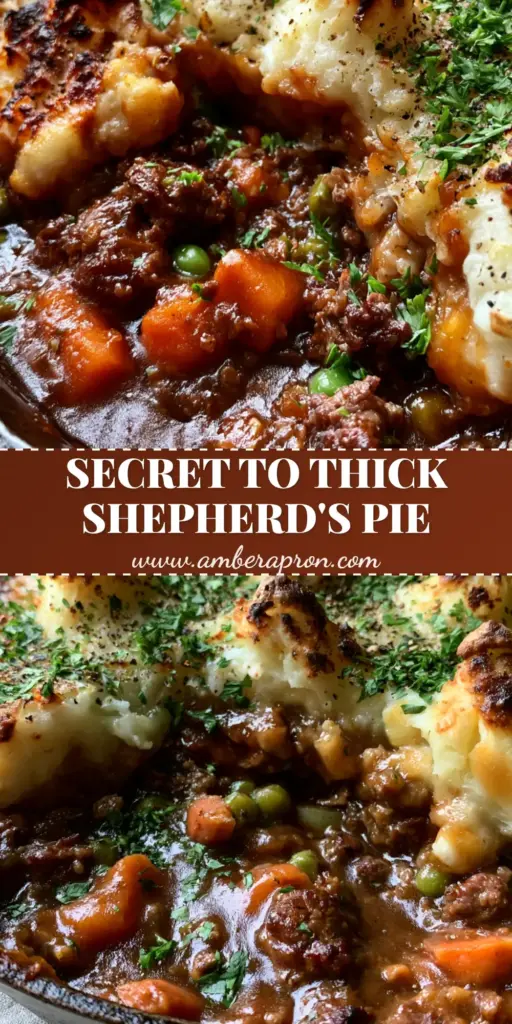 A rustic cast iron skillet filled with Gluten Free Shepherd's Pie, showing a scoop removed to reveal mahogany gravy, seared beef, carrots, and peas topped with piped potato peaks. (Gluten Free Shepherd's Pie)
