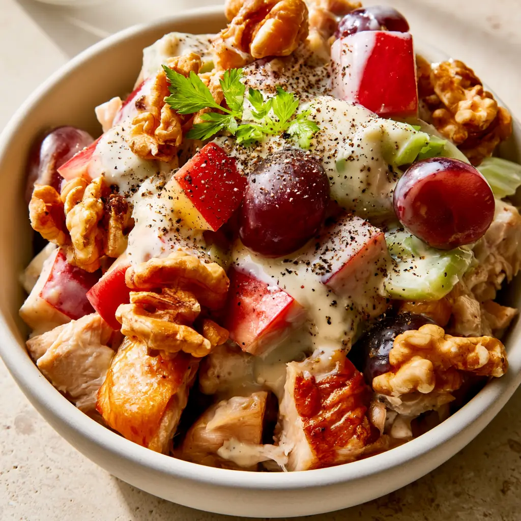 Macro shot of Chicken Waldorf Salad showing chunky rotisserie chicken, diced red apples, and halved purple grapes.