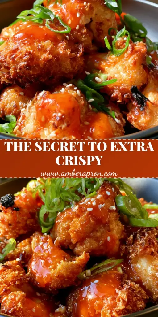 A close-up vertical shot of extra crispy air fryer cauliflower wings with a glossy buffalo sauce glaze and green scallions. (cauliflower wings)