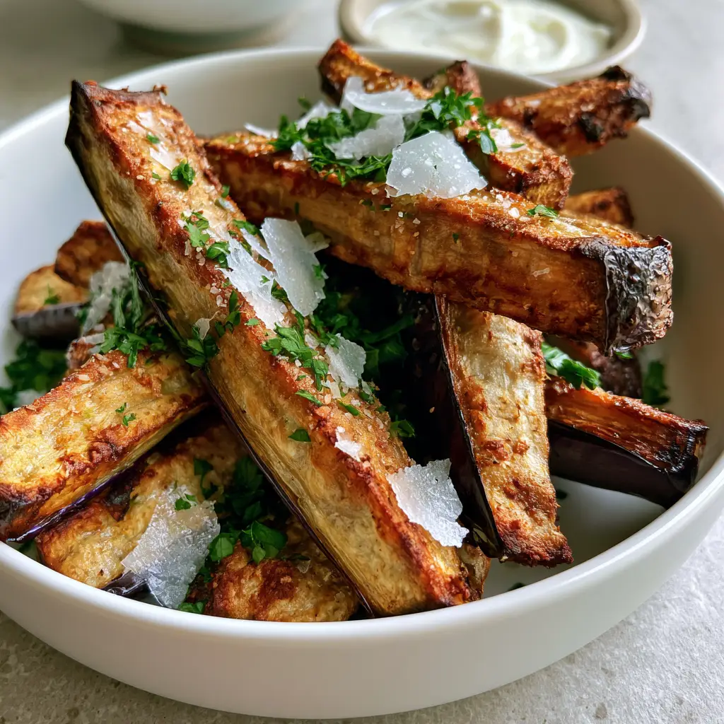 Air Fryer Eggplant Fries with Creamy Garlic Dipping Sauce 2 Extreme close up of extra crispy air fryer eggplant batons showing charred edges. (air fryer eggplant)