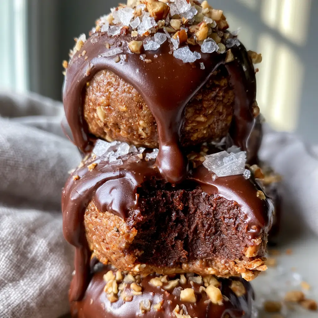 Close up of dark chocolate ganache dripping down a toasted oat protein bite. (healthy snacks recipes)