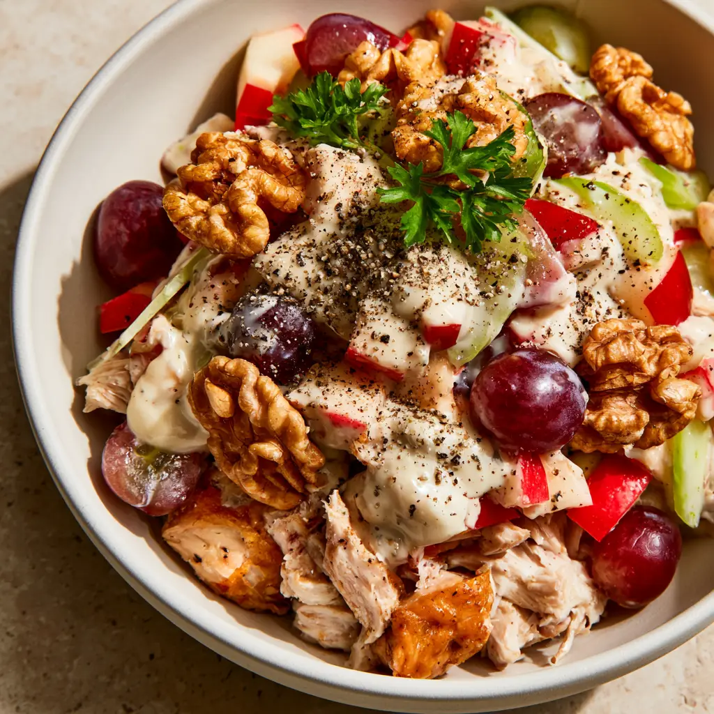 High-angle view of finished Chicken Waldorf Salad garnished with cracked black pepper and parsley.