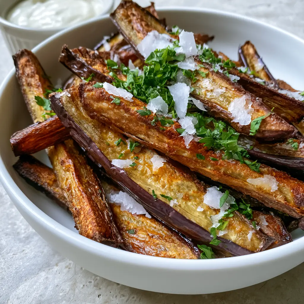 Air Fryer Eggplant Fries with Creamy Garlic Dipping Sauce 1 Golden brown air fryer eggplant fries with a side of creamy garlic dipping sauce.