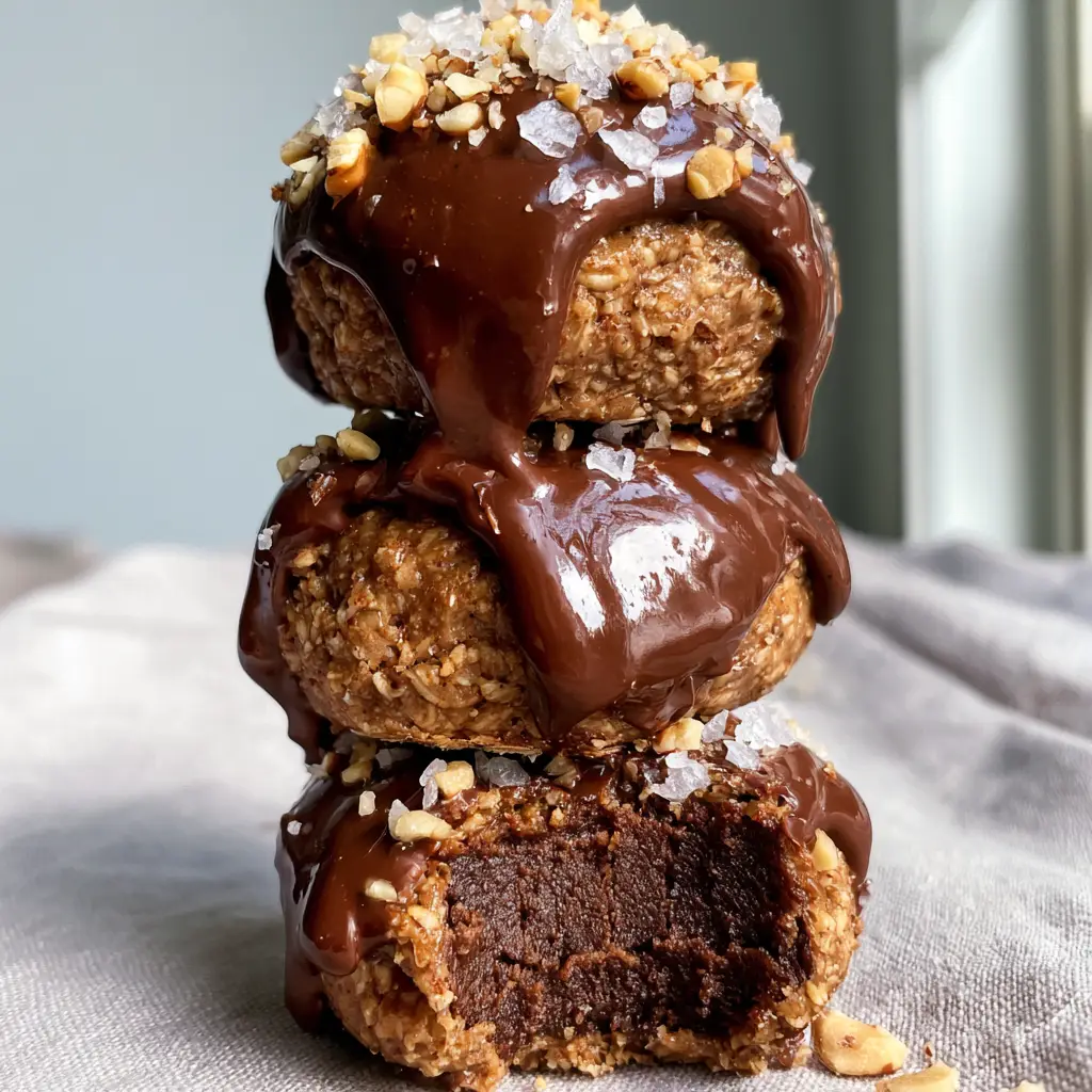 A bitten chocolate protein ball revealing a soft cocoa core and toasted oats.