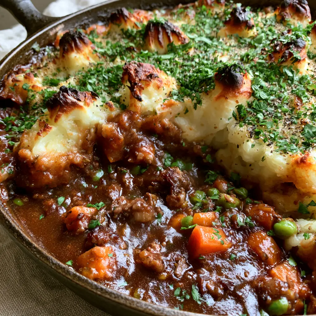 Handheld photo of a Gluten Free Shepherd's Pie in a cast iron skillet with fresh parsley garnish.