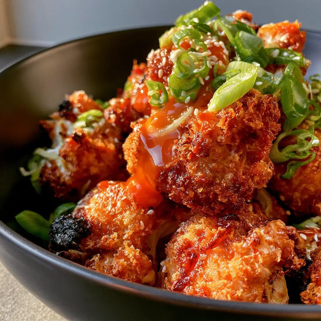 Overhead view of glistening buffalo cauliflower wings garnished with white sesame seeds and scallions. (cauliflower wings)