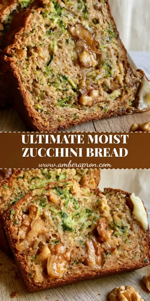 A thick generous slice of moist zucchini bread with green flecks and walnuts on an oak board. (Zucchini bread recipe)