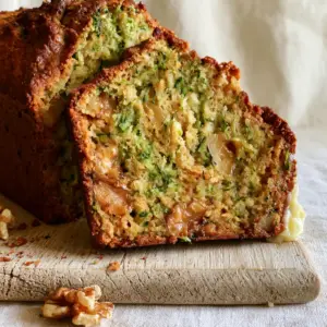 Close up of a thick slice of zucchini bread showing moist crumb and green zucchini flecks. (Zucchini bread recipe)