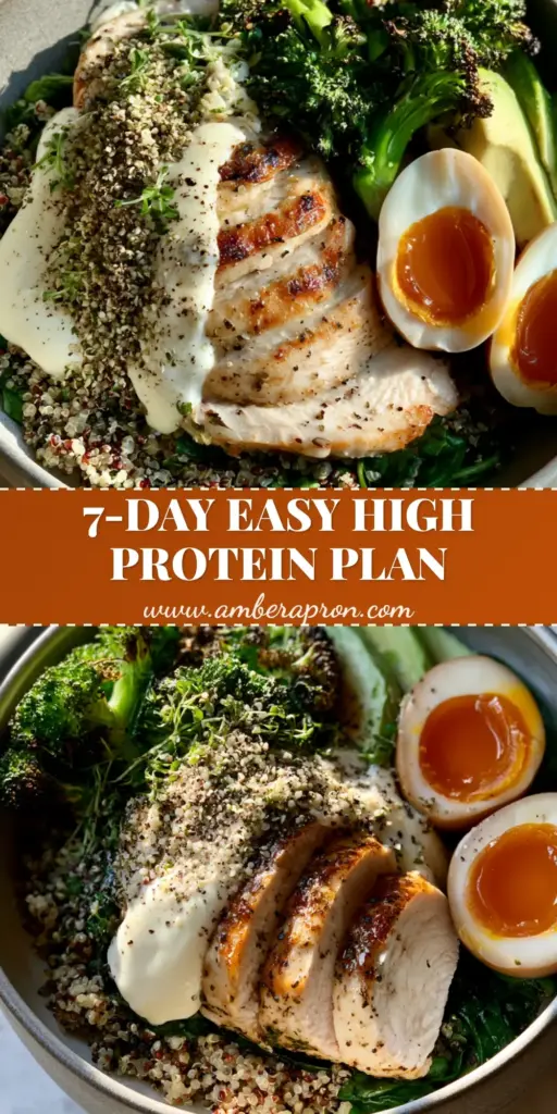 A vibrant high protein meal plan bowl with seared chicken, jammy eggs, and tri-color quinoa on a marble countertop.