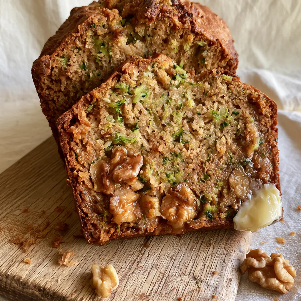 A rustic loaf of zucchini bread on a cutting board with toasted walnut halves scattered around.
