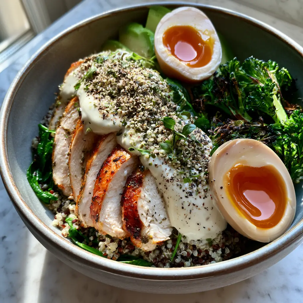 Close up of seared chicken breast with golden crispy edges and jammy eggs for a high protein meal plan.
