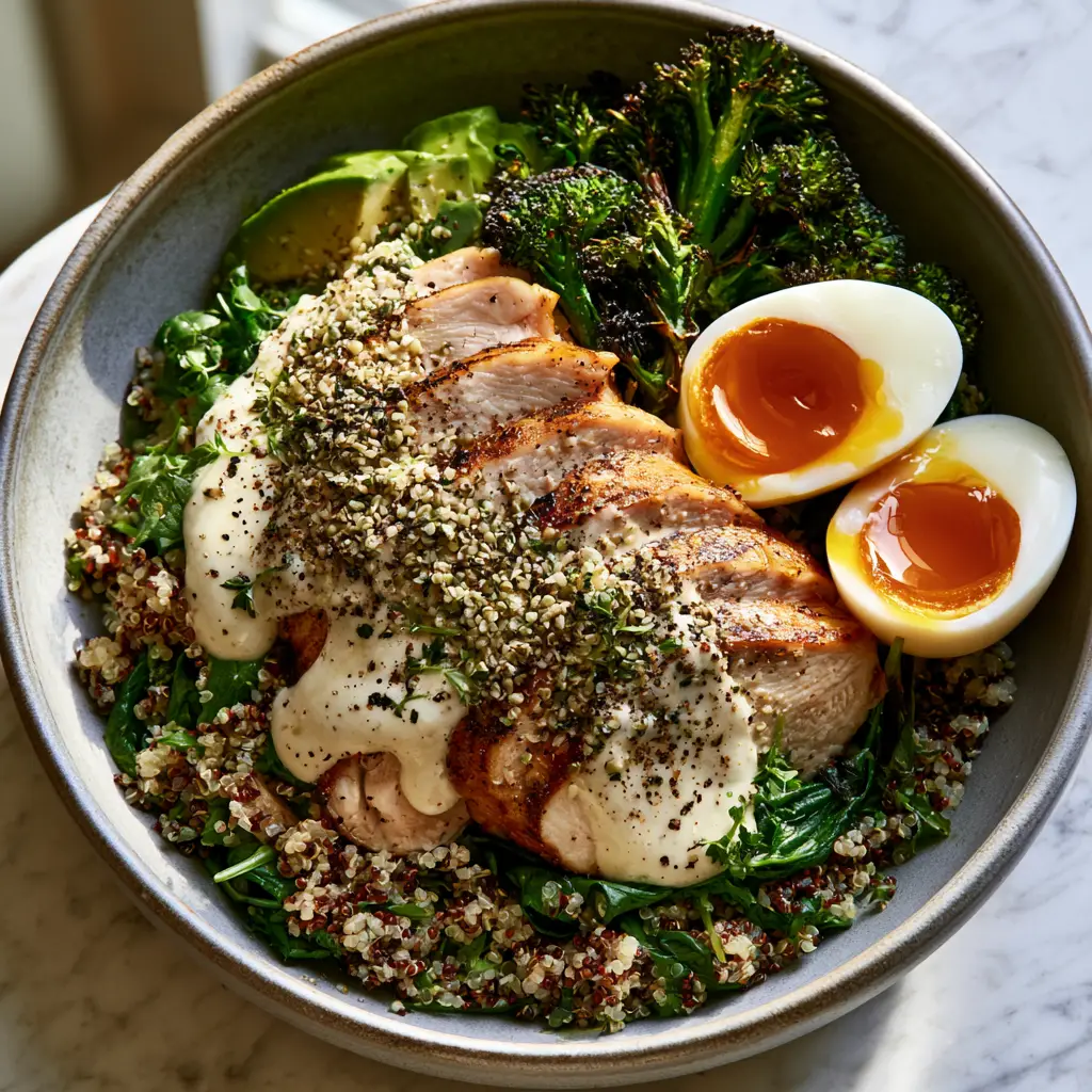 Overhead view of a matte grey bowl filled with charred broccoli, avocado, and fluffy quinoa (high protein meal plan).