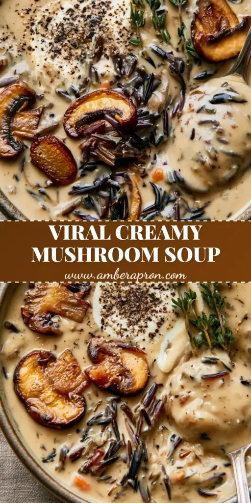 A top-down macro shot of a creamy wild rice mushroom soup in a rustic bowl with seared cremini, burst rice grains, and thyme sprigs.