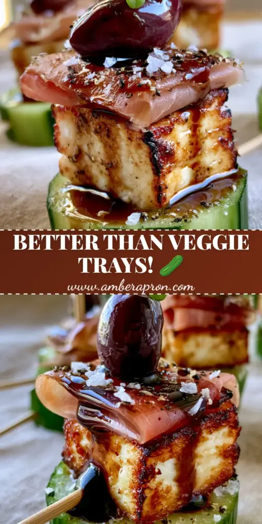 Elegant Mediterranean healthy appetizers featuring seared feta, cucumber, and prosciutto skewers on a wooden board.