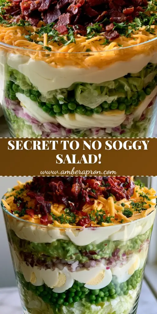 A tall glass trifle bowl containing a classic 7 layer salad with vibrant layers of lettuce, peas, eggs, and a bacon topping.