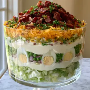 Side-profile view of a 7 layer salad showing distinct layers of crisp lettuce, green peas, and sliced hard-boiled eggs against the glass.
