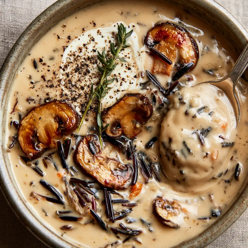 Overhead view of wild rice mushroom soup garnished with a heavy cream swirl and fresh green thyme sprigs.