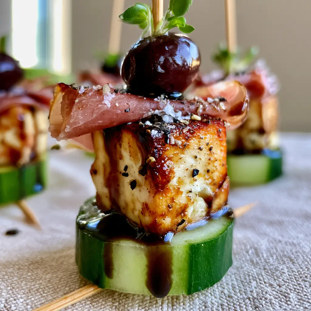 Close up of healthy appetizers showing the texture of folded prosciutto and Kalamata olives.