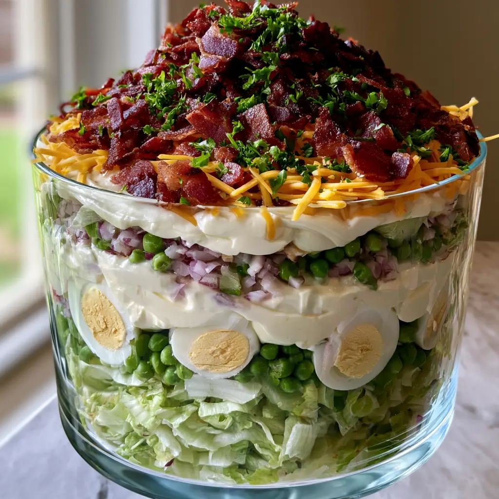 Overhead view of a 7 layer salad showing a mountain of dark mahogany bacon bits and shredded cheddar cheese garnished with parsley.