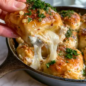 Close up shot of golden brown Chicken Alfredo Stuffed Hawaiian Rolls topped with garlic and parsley.