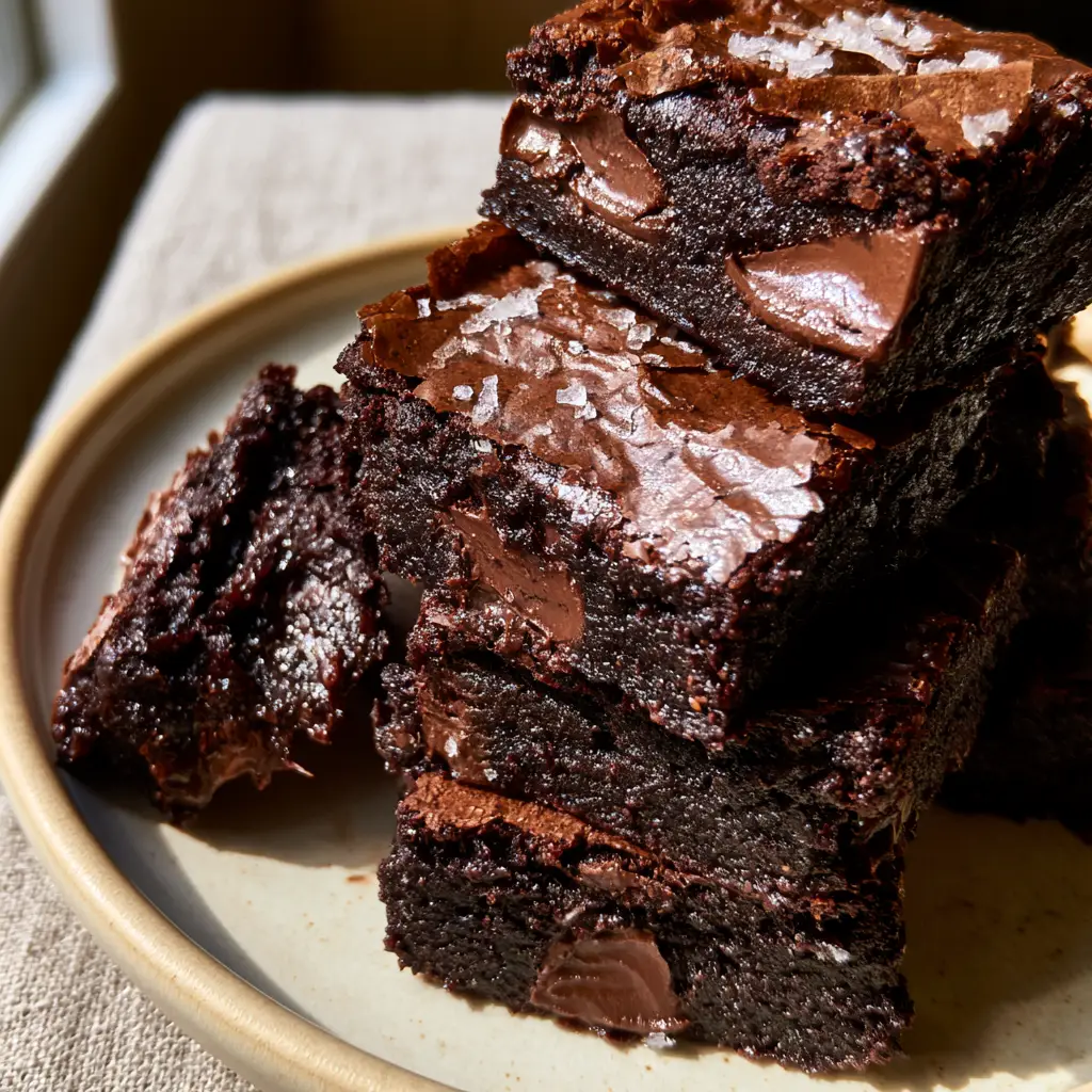 Macro shot of Zucchini Brownies with an ebony chocolate base, gooey crumb, and shattered shiny crust.