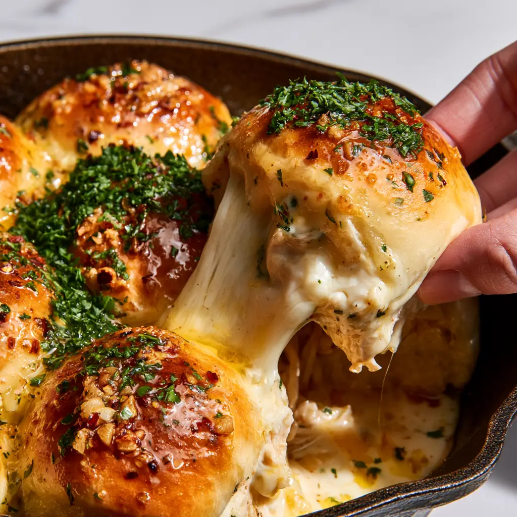 A high-angle photo of Chicken Alfredo Stuffed Hawaiian Rolls in a black skillet on a marble countertop.