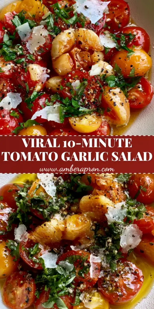 A top-down smartphone photo of a vibrant tomato and garlic medley salad featuring red and yellow cherry tomatoes with smashed roasted garlic in a white bowl.