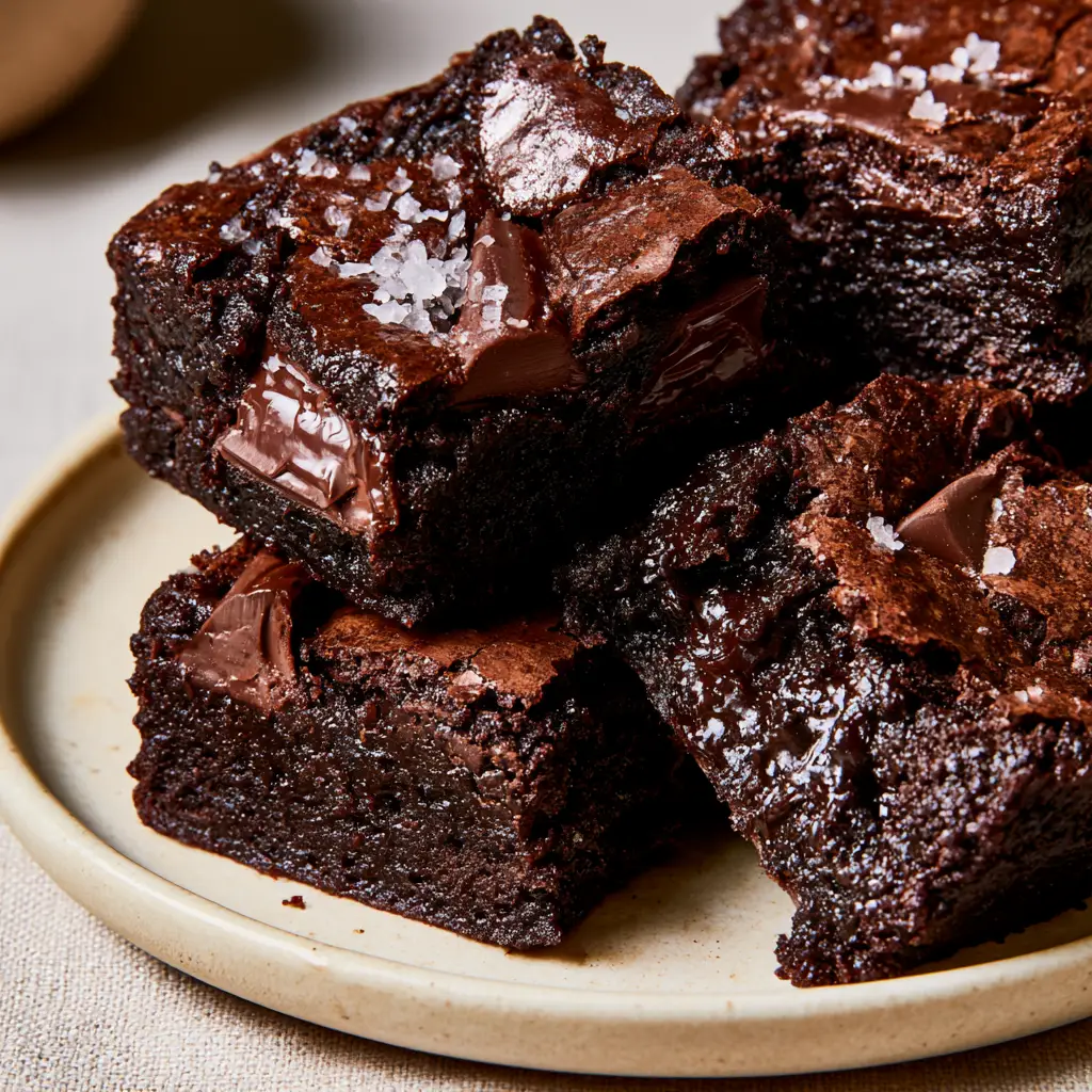 Extreme close-up of a stack of chocolate brownies revealing a molten fudgy center and microscopic green zucchini flecks.