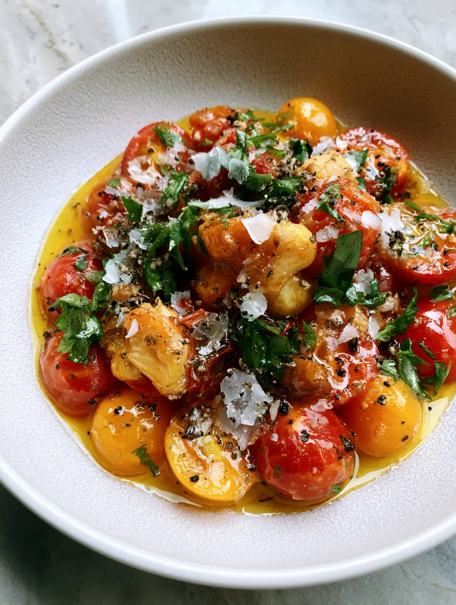 Close up of heirloom cherry tomatoes and roasted garlic cloves in a glossy vinaigrette for a tomato and garlic medley salad.