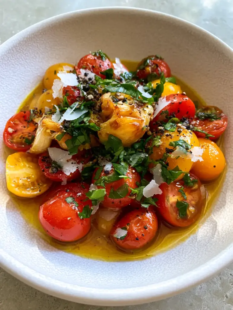 Visual texture of smashed garlic and flaky sea salt on a tomato and garlic medley salad.