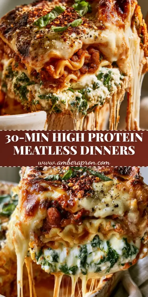 A thick slice of lentil lasagna being lifted with a cheese pull. (Meatless recipes)