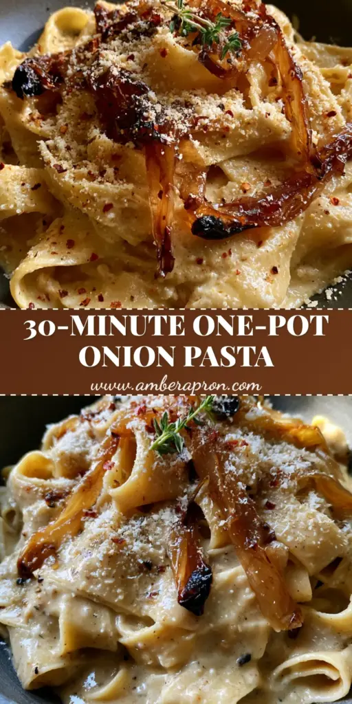 A steaming matte bowl of vegan caramelized onion pasta with wide ribbons of pappardelle, mahogany jammy onions, and a dusting of vegan parmesan snow.