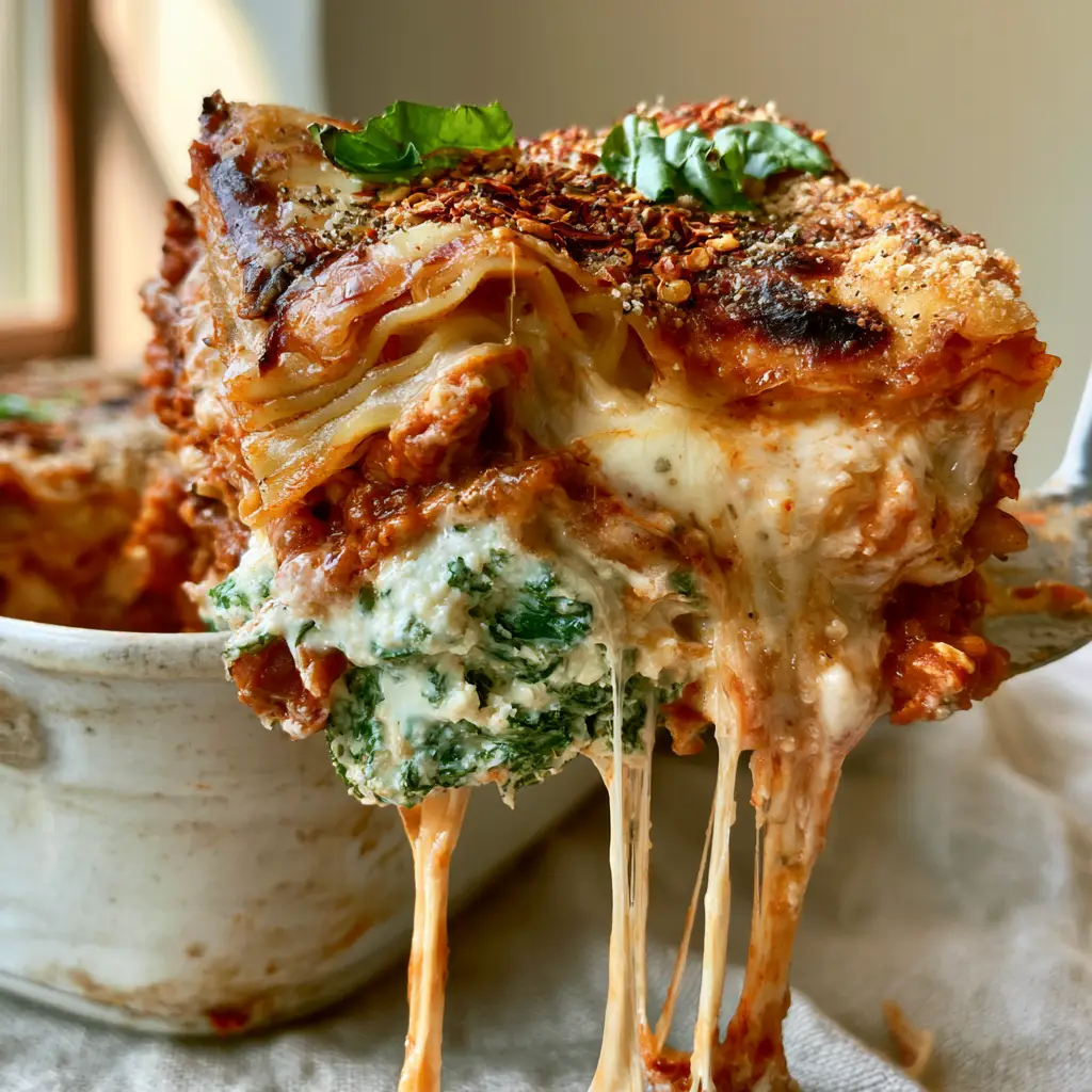 Toasted parmesan crust with charred cheese spots on a meatless lasagna.