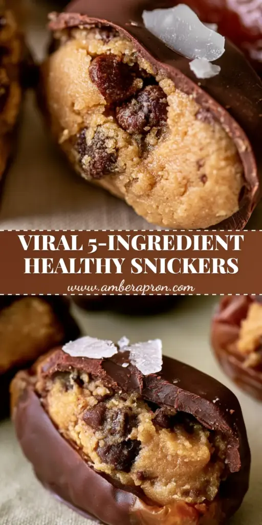 A Pinterest-perfect stack of Cookie Dough Stuffed Dates showing the snappy dark chocolate coating and flaky salt.