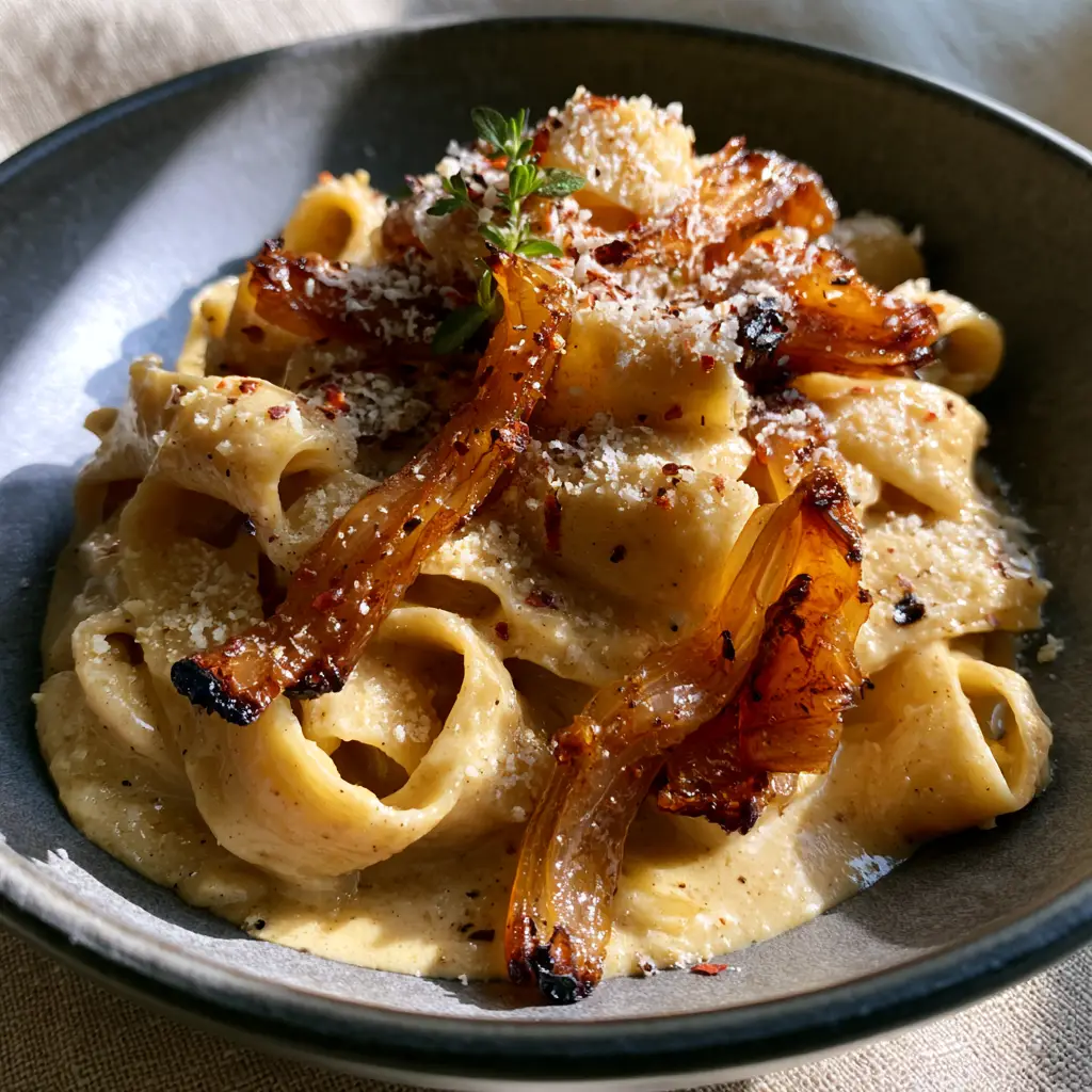 Ribbon-like pappardelle pasta glistening in a thick cream-colored vegan sauce with fresh thyme and red pepper flakes.
