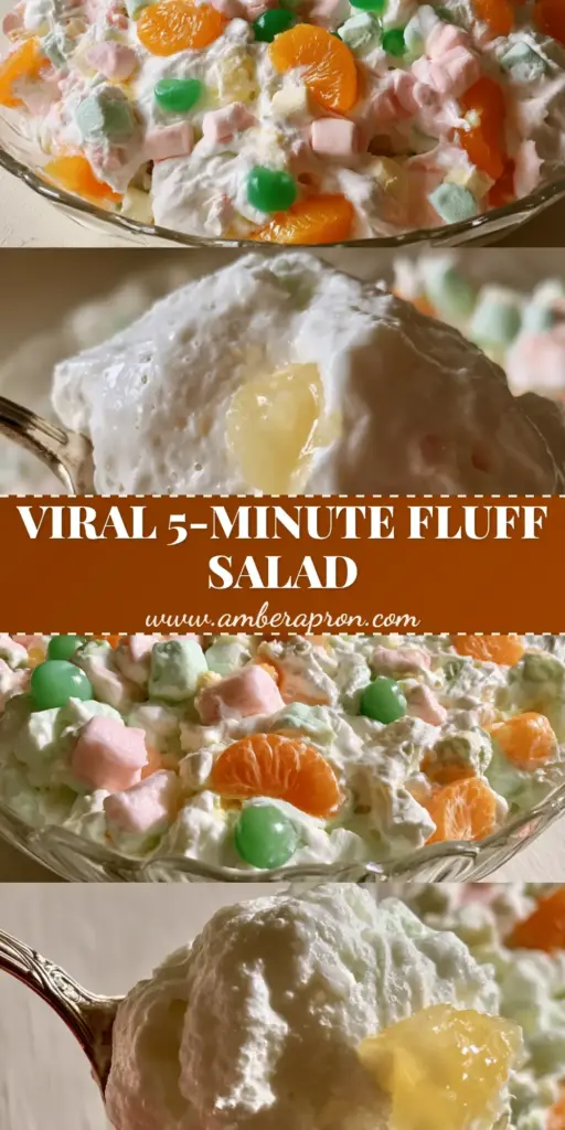 A vertical split-screen showing a glass bowl of fluff salad with pastel marshmallows and a macro shot of a creamy dollop on a silver spoon.
