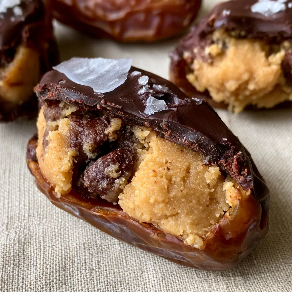 Extreme macro close-up of a Cookie Dough Stuffed Date sliced open with thick almond flour dough and mini chips.
