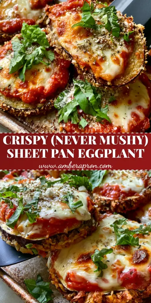 A vertical shot of crispy baked eggplant parmesan slices topped with bubbling mozzarella and fresh basil on a rustic tray.