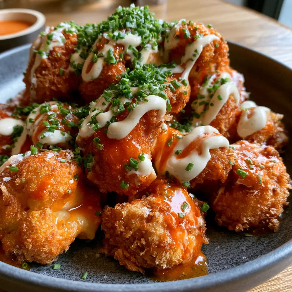 Close-up of golden-brown panko-crusted Buffalo cauliflower bites with a glistening orange sauce.