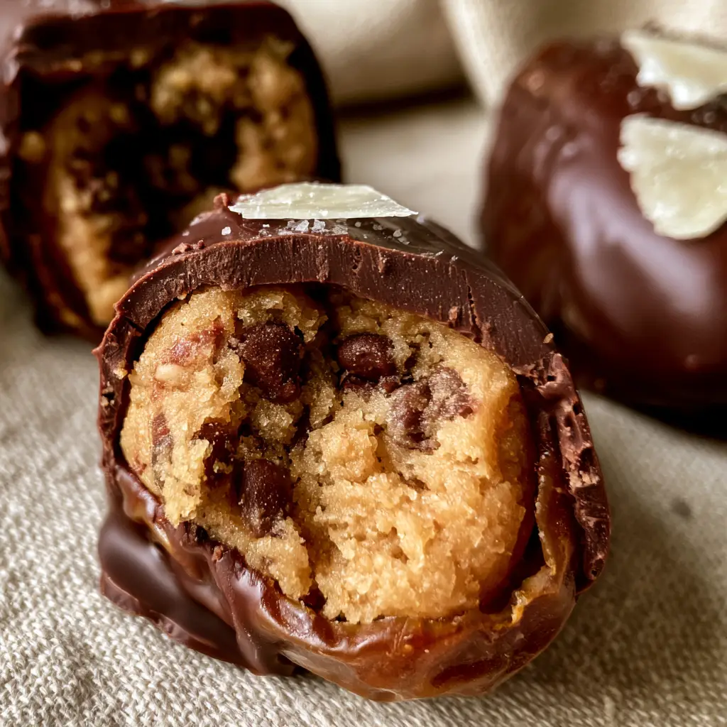 A glossy dark chocolate shell on a Cookie Dough Stuffed Date with translucent Maldon sea salt flakes.